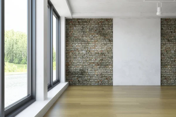简朴的现代室内 有窗户 有木地板的旧肮脏墙壁 简约的装饰 空旷的空间 时尚装饰工作室 时尚概念风格 3D渲染图形设计 — 图库照片