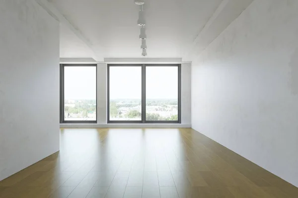 Chambre Intérieure Moderne Simple Avec Fenêtre Mur Plâtre Blanc Plancher — Photo