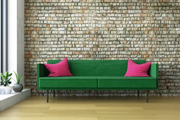 简朴的室内艺术室 配有绿色沙发 红色枕头和装饰植物 靠近老式砖墙 艺术装饰 奇妙的时尚概念风格 3D渲染图形设计 — 图库照片