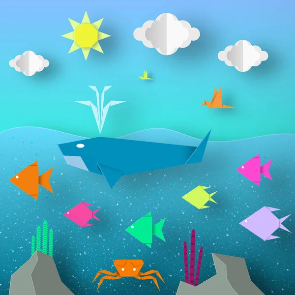 Подводное Бумажное Слово Подводная Жизнь Жуками Рыбами Кораллами Облаками Солнцем — стоковый вектор