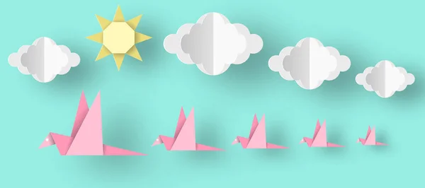 Cut Birds Clouds Sun Style Paper Origami Crafted Word Elementos — Vetor de Stock