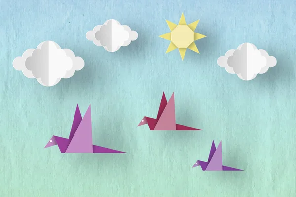 Vogels Wolken Zon Een Kartonnen Textuur Stijl Papier Origami Woord — Stockvector