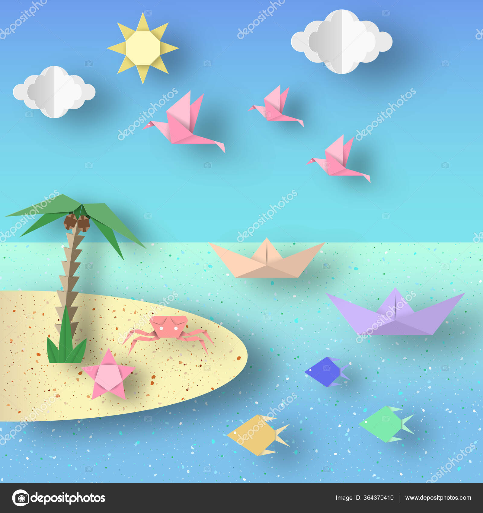 Summer Origami Sea Art Applique Paper Crafted Cutout World Composition  Stock Vector by ©Ciklamen 364370410
