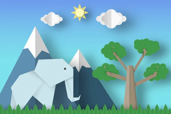 Elefantes Cortados Árbol Nubes Sol Para Papel Concepto Origami Escena — Vector de stock