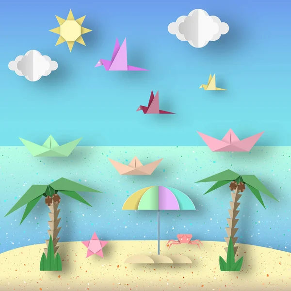 Paysage Avec Oiseaux Coupés Navires Palmiers Nuages Papier Style Soleil — Image vectorielle