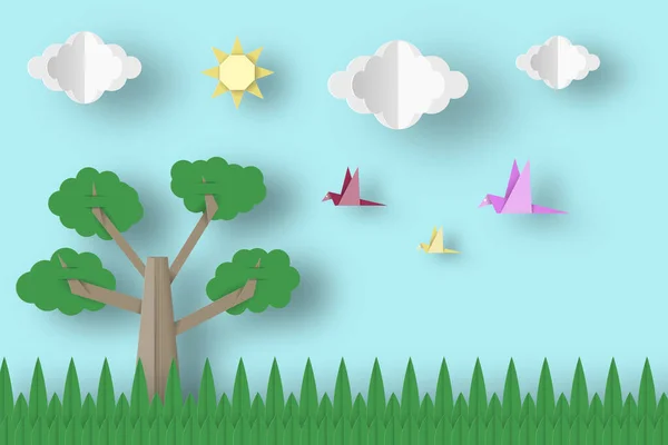 Tagliare Uccelli Albero Nuvole Sole Concetto Origami Carta Scena Applique — Vettoriale Stock