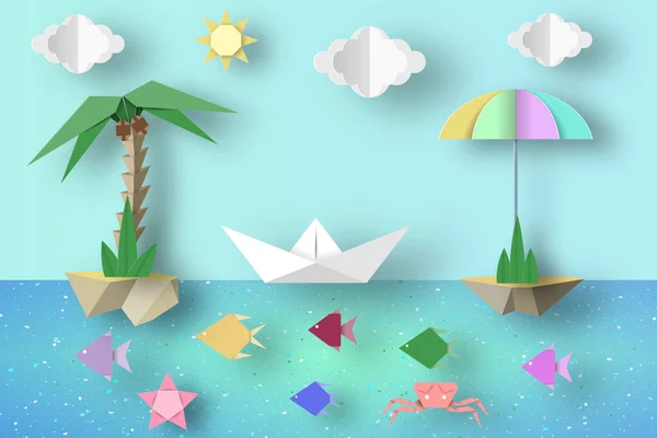 Sommer Origami Fun Art Applique Paper Crafted Cutout World Komposition — Stockvektor
