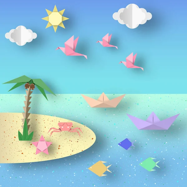 Sommer Origami Sea Art Applique Paper Crafted Cutout World Komposition — Stockvektor