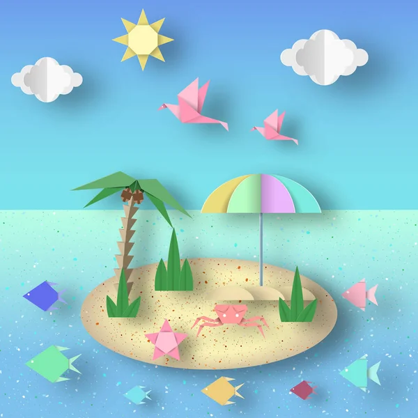 Summer Origami Fun Art Applique Paper Crafted Cutout World Composition — Stock Vector