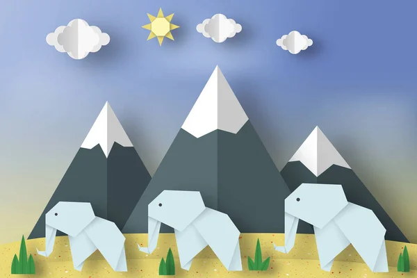 Conceito Origami Papel Cena Applique Com Elefantes Cortados Montanhas Nuvens — Vetor de Stock