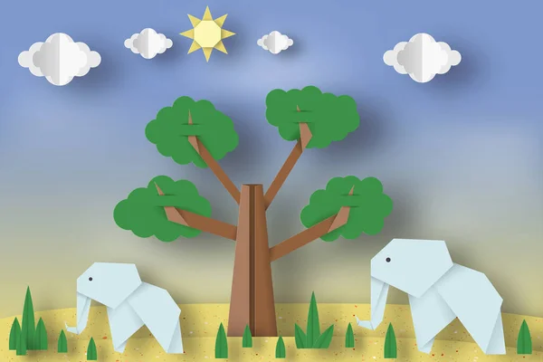 Papier Origami Concept Scena Aplikacyjna Wyciętych Słoni Drzewo Chmury Słońce — Wektor stockowy