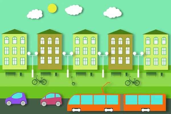 Ecologisch Concept City Life Cut Paper Tree Bouwen Automobiel Tram — Stockvector
