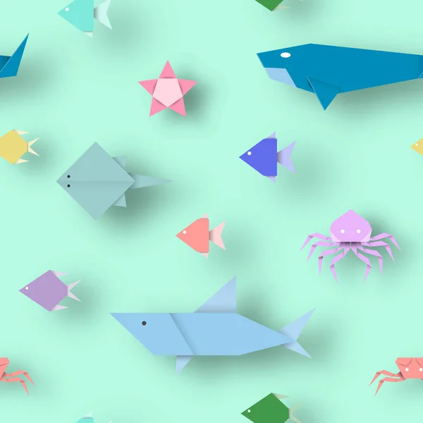 Origami Style Tillverkad Papper Med Styckade Djur Abstrakt Scen Undervattensliv — Stock vektor