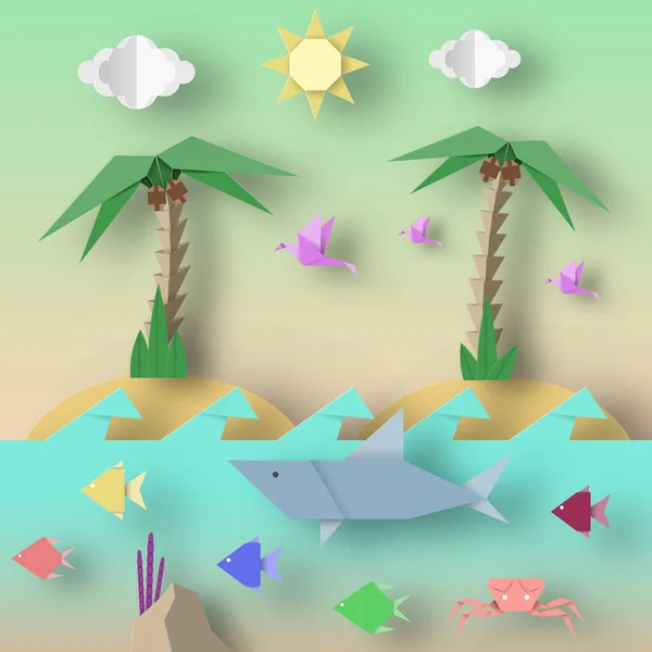 Origami Stil Aus Papier Mit Geschnittenen Vögeln Krabben Haien Fischen — Stockvektor