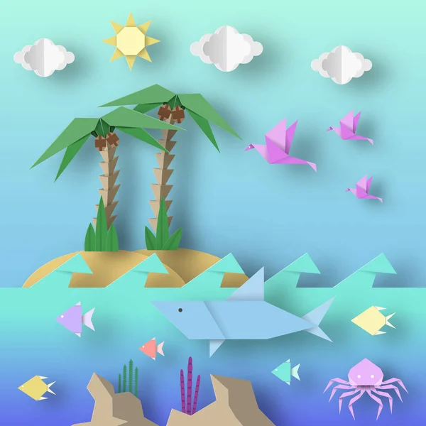 Origami Styl Vyrobeno Papíru Cut Shark Palm Ptáci Ryby Slunce — Stockový vektor