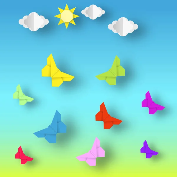 Estilo Origami Hecho Papel Con Mariposas Coloridas Cortadas Escena Abstracta — Vector de stock