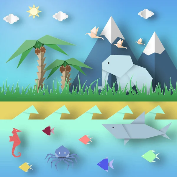 Paper Origami Abstract Concept Applique Scene Cut Elephants Birds Underwater — 스톡 벡터