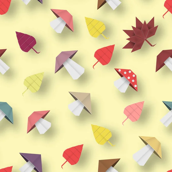 Herbst Origami Muster Mit Blättern Und Pilzen Gefertigte Abstrakte Papier — Stockvektor