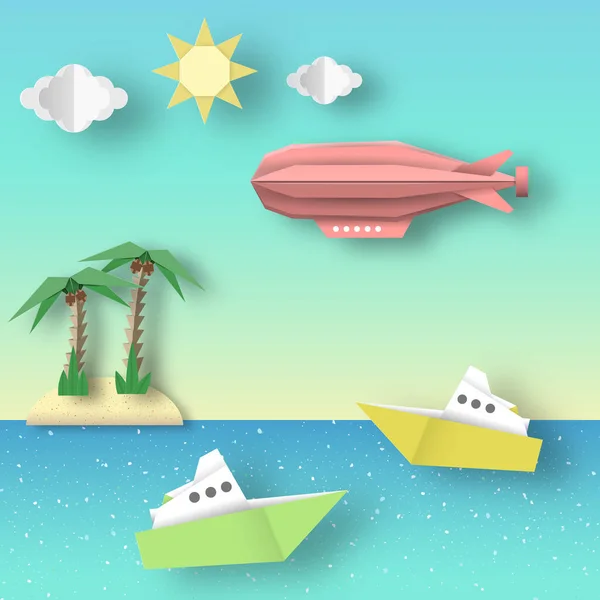 Papier Origami Airship Muchy Nad Morzem Wyspie Ilustracje Grafiki Wektorowej — Wektor stockowy