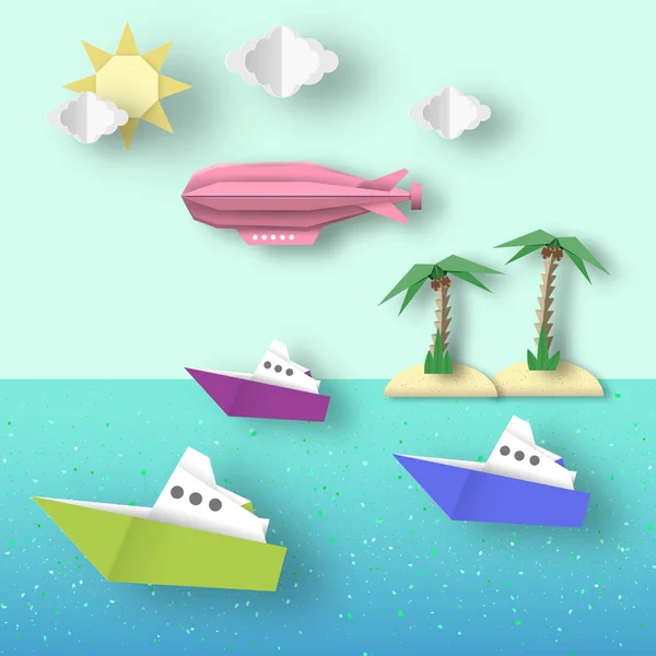Papier Origami Luftschiff Fliegt Über Das Meer Und Die Insel — Stockvektor
