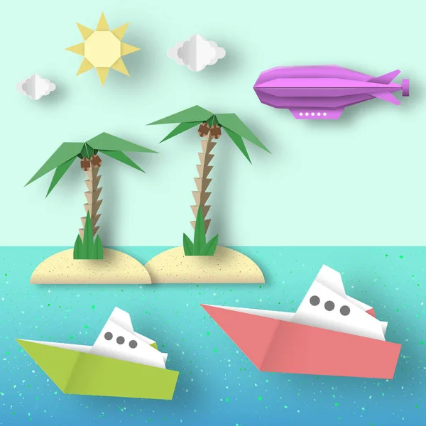 Papel Origami Dirigible Vuela Sobre Mar Isla Tendencia Del Recorte — Vector de stock