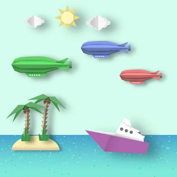 紙折り紙飛行船は海と島を飛行します カット ランドスケープ ペーパーカットスタイル カットアウトトレンド 子供の目に見える パーム ベクトルグラフィックデザイン イラストアートデザイン — ストックベクタ