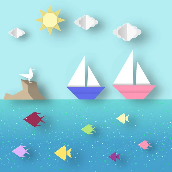 Cutout Trend Paper Origami Landscape Ship Sails Reef Seagull Potong - Stok Vektor