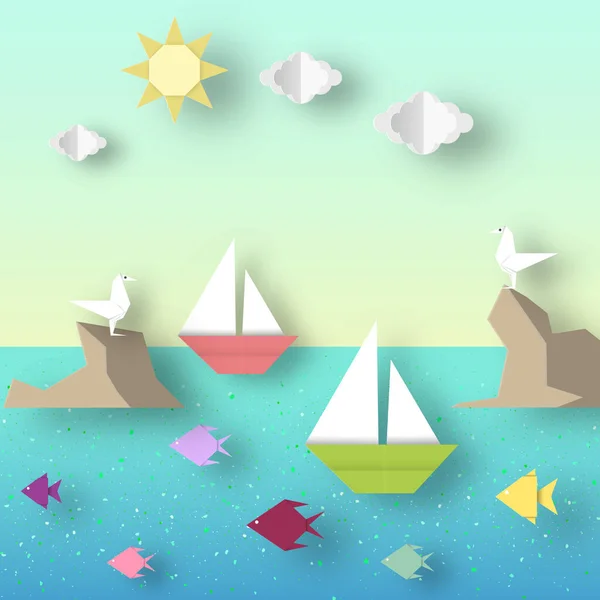 Paper Origami Landscape Ship Sails Vorbei Riff Mit Einer Möwe — Stockvektor