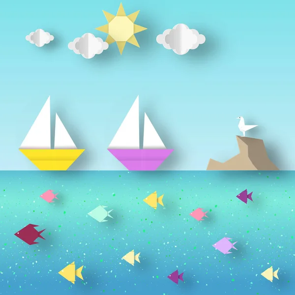 Fashion Papercut Style Paper Origami Landscape Ship Sails Vorbei Riff — Stockvektor