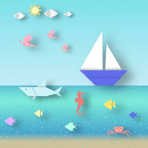 Zeegezicht Met Kleurrijke Vissen Schepen Het Clipart Stijl Van Origami — Stockvector