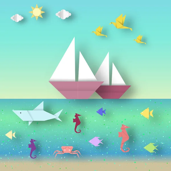 Schiffe Und Unterwasserwelt Die Cliparts Stil Von Origami Papier Zeigen — Stockvektor