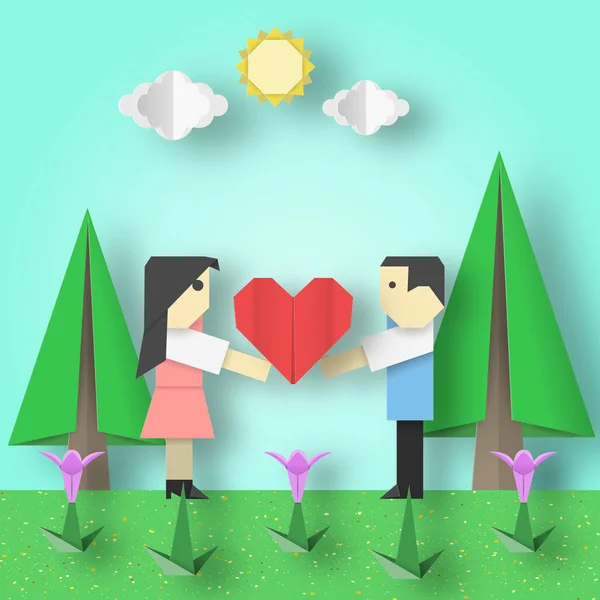 Cortar Escena Con Pareja Corazones Grandes Sol Cielo Nubes Árboles — Vector de stock