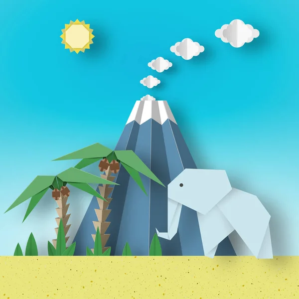 Origami Paper Concept Landscape Elephants Palm Sun Sky Volcano Papercut — Stock Vector