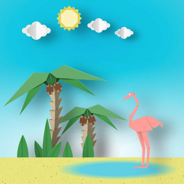 Paper Origami Concept Landscape Flamingo Palm Sun Sky Papercut Style — Stock Vector