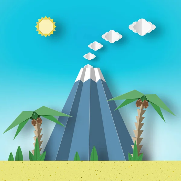 Origami Paper Concept Landscape Mit Palme Sonne Himmel Vulkan Künstlerischer — Stockvektor