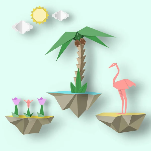 Artistiek Abstract Papier Origami Concept Met Vliegende Eilanden Waarop Flamingo — Stockvector