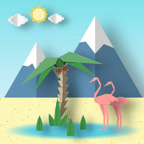 Summer Paper Origami Concept Flamingo Palm Sun Sky Mountain Papercut — Stock Vector