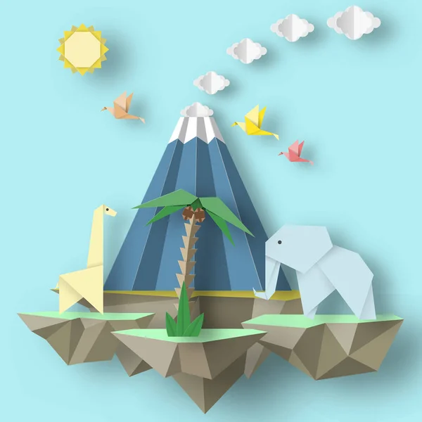 噴火火山 キリン 木がある島での折り紙の概念組成 要素と切り抜きテンプレート カードのシンボル ベクターイラスト アートデザイン — ストックベクタ