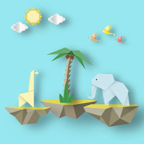 Paper Origami Abstract Concept Applique Scene Cut Birds Elephant Giraffe — Stock Vector