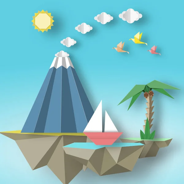 Origami Papier Artistieke Applique Met Zwevende Eilanden Waarop Schip Vulkaan — Stockvector