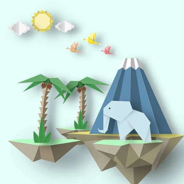 Paper Origami Kreative Szene Mit Ragenden Inseln Auf Denen Papiergeschnittene — Stockvektor