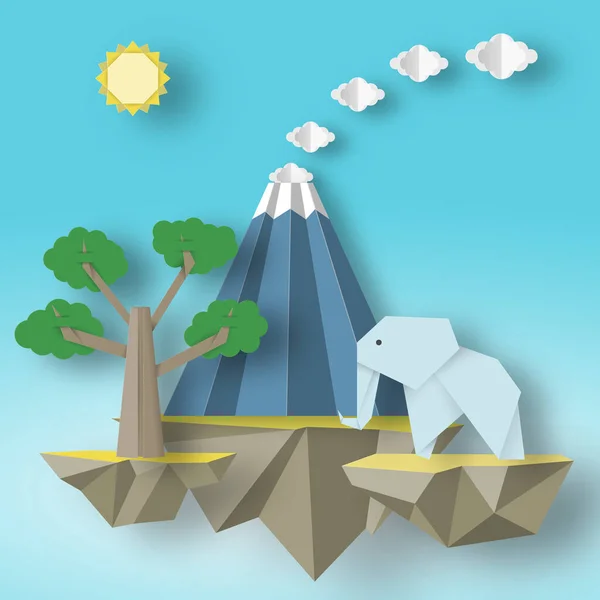 Carta Origami Concetto Moda Con Isole Volanti Cui Sono Elefante — Vettoriale Stock