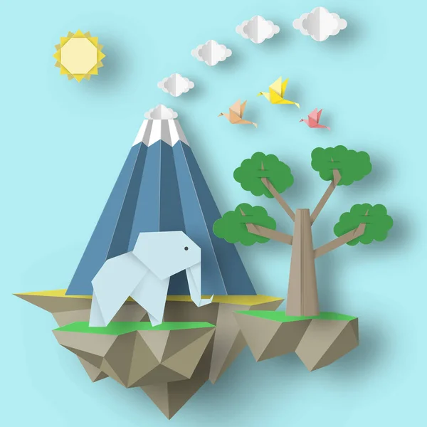 Papier Origami Abstract Concept Applique Scene Met Snijvogels Olifant Vulkaan — Stockvector