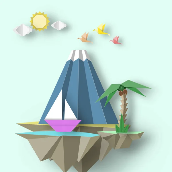 Paper Origami Abstract Concept Applique Scene Cut Birds Mountain Yacht — Stock Vector