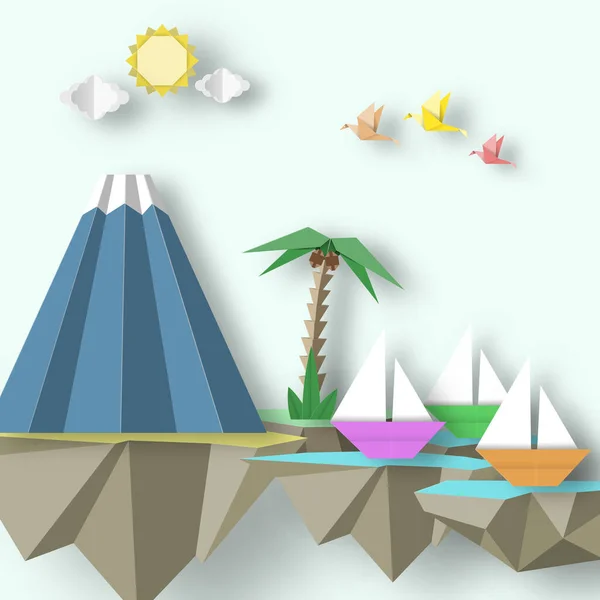 Paper Origami Abstract Concept Applique Scene Cut Birds Yacht Mountain — Stock Vector