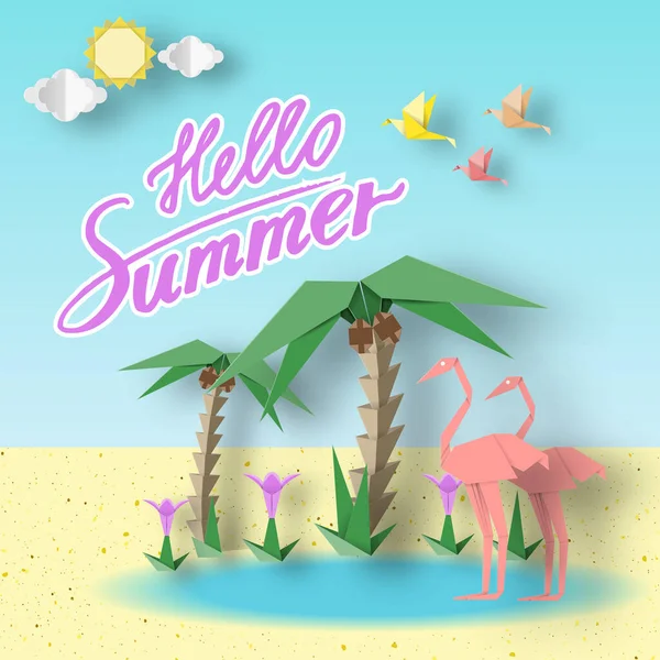 Hallo Sommer Origami Papier Saisonale Symbole Zeichen Elemente Mit Inschrift — Stockvektor