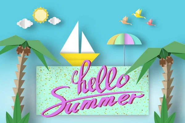 Hallo Sommer Niedliche Origami Papier Symbole Zeichen Elemente Mit Slogan — Stockvektor