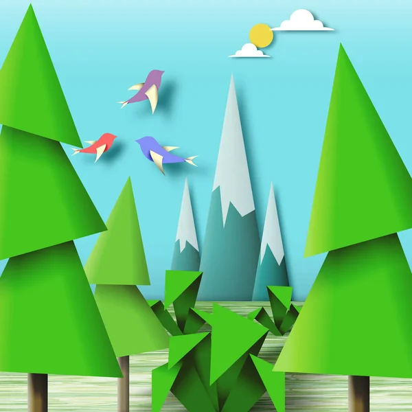 Papier Origami Figuren Kleurrijke Kids Art Landschap Geometrische Paper Scene — Stockvector