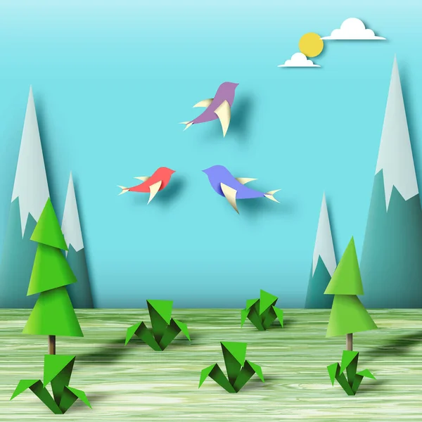Paper Origami Scene Kids Art Landscape Geometric Paper Figures Colorative — 스톡 벡터