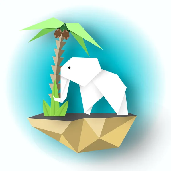 Χαρτί Λευκό Ελέφαντα Παλάμες Ένα Νησί Που Φέρουν Origami Στυλ — Διανυσματικό Αρχείο
